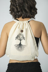 Tree of Life Drawstring Cotton Canvas Backpack in Cream