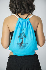 Tree of Life Drawstring Cotton Canvas Backpack in Blue