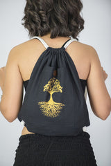 Tree of Life Drawstring Cotton Canvas Backpack in Gold on Black