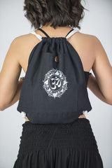 Ohm Drawstring Cotton Canvas Backpack in Silver on Black