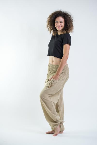 Women's Thai Smocked Waist Cotton Pants in Tan