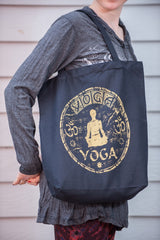 NEW Recycled Cotton Canvass Shopping Tote Bag Yoga Gold on Black