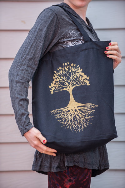 NEW Recycled Cotton Canvass Shopping Tote Bag Tree Of Life Gold on Black