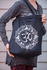 NEW Recycled Cotton Canvass Shopping Tote Bag Om Silver on Black
