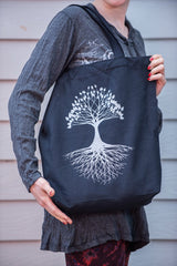 NEW Recycled Cotton Canvass Shopping Tote Bag Tree Of Life Silver on Black