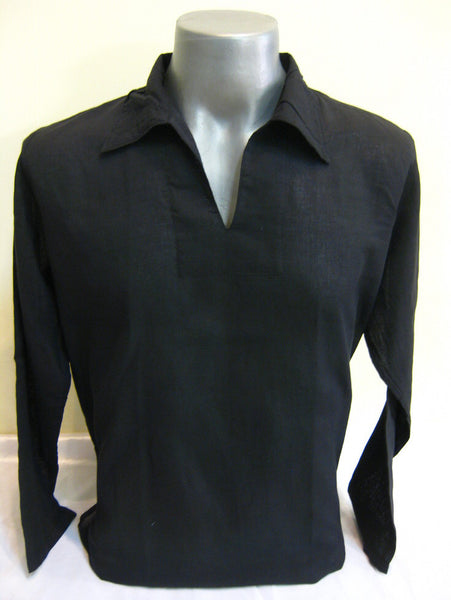 Mens Thai Cotton Yoga Long Sleeve Shirt With Collar Black