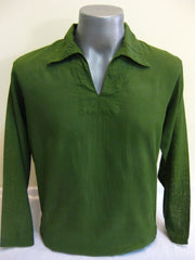 Mens Thai Cotton Yoga Long Sleeve Shirt With Collar Green