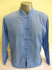 Mens Thai Cotton Yoga Long Sleeve Shirt With Chinese Knot Buttons Blue
