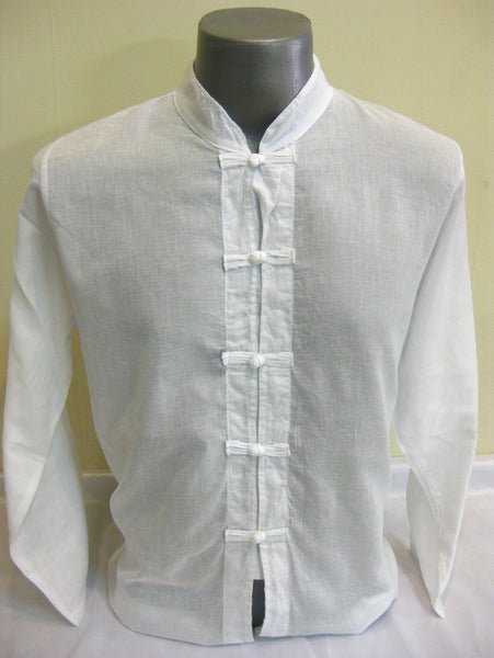 Mens Thai Cotton Yoga Long Sleeve Shirt With Chinese Knot Buttons White