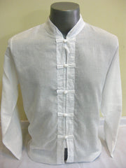 Mens Thai Cotton Yoga Long Sleeve Shirt With Chinese Knot Buttons White