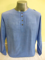 Mens Thai Cotton Yoga Long Sleeve Shirt With Buttons Blue