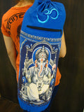 Blue Embroidered Ohm + Ganesha Print Cotton & Hemp Yoga Mat Bag