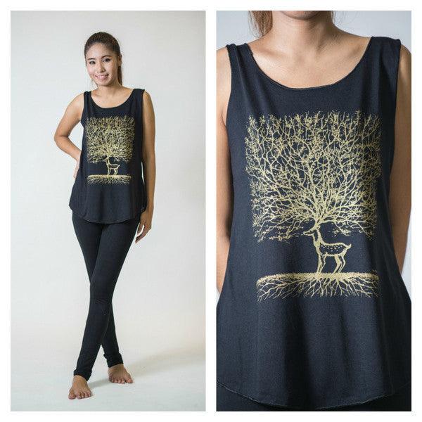 Super Soft Womens Bambi Tree Tank Top Gold on Black