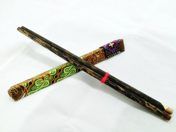 1 Pair Mango Wood ChopSticks With Thai Hill Tribe Holders