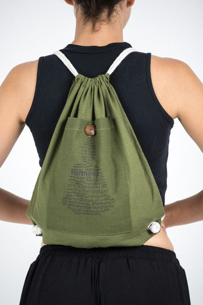 Harmony Drawstring Cotton Canvas Backpack in Olive Green Mystery Buddha