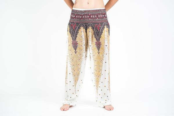 Peacock Feathers Harem Pants in White