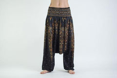Peacock Feathers Low Cut Harem Pants in Black