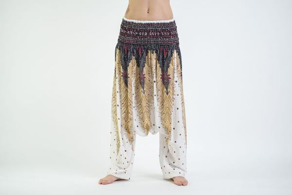 Peacock Feathers Low Cut Harem Pants in White