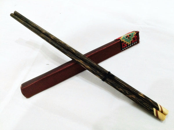 1 Pair Mango Wood ChopSticks With Thai Hill Tribe Holders