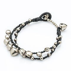 Silver Bell Waxed Cotton Bracelets in Black