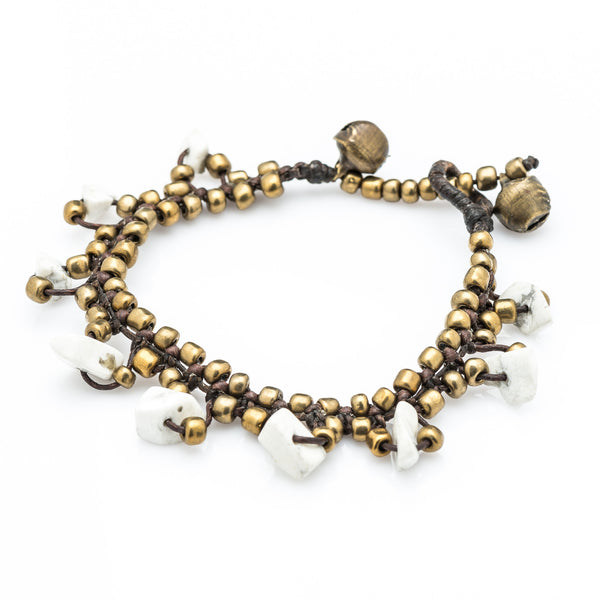 Brass Bead with White Stone Waxed Cotton Bracelets