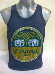 Super Soft Vintage Distressed Chang Beer Mens Tank Top in Denim Blue