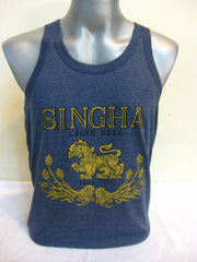 Super Soft Vintage Distressed Singha Beer Mens Tank Top in Denim Blue