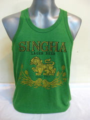 Super Soft Vintage Distressed Singha Beer Mens Tank Top in Green