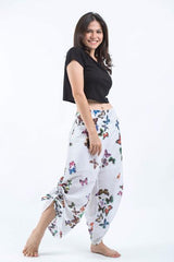 Women's Cotton Side Drawstring Palazzo Pants in Butterflies Pink